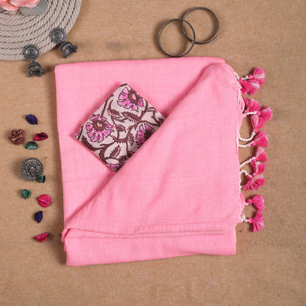 BABYPINK HANDLOOM COTTON SAREE WITH PRINTED BLOUSE