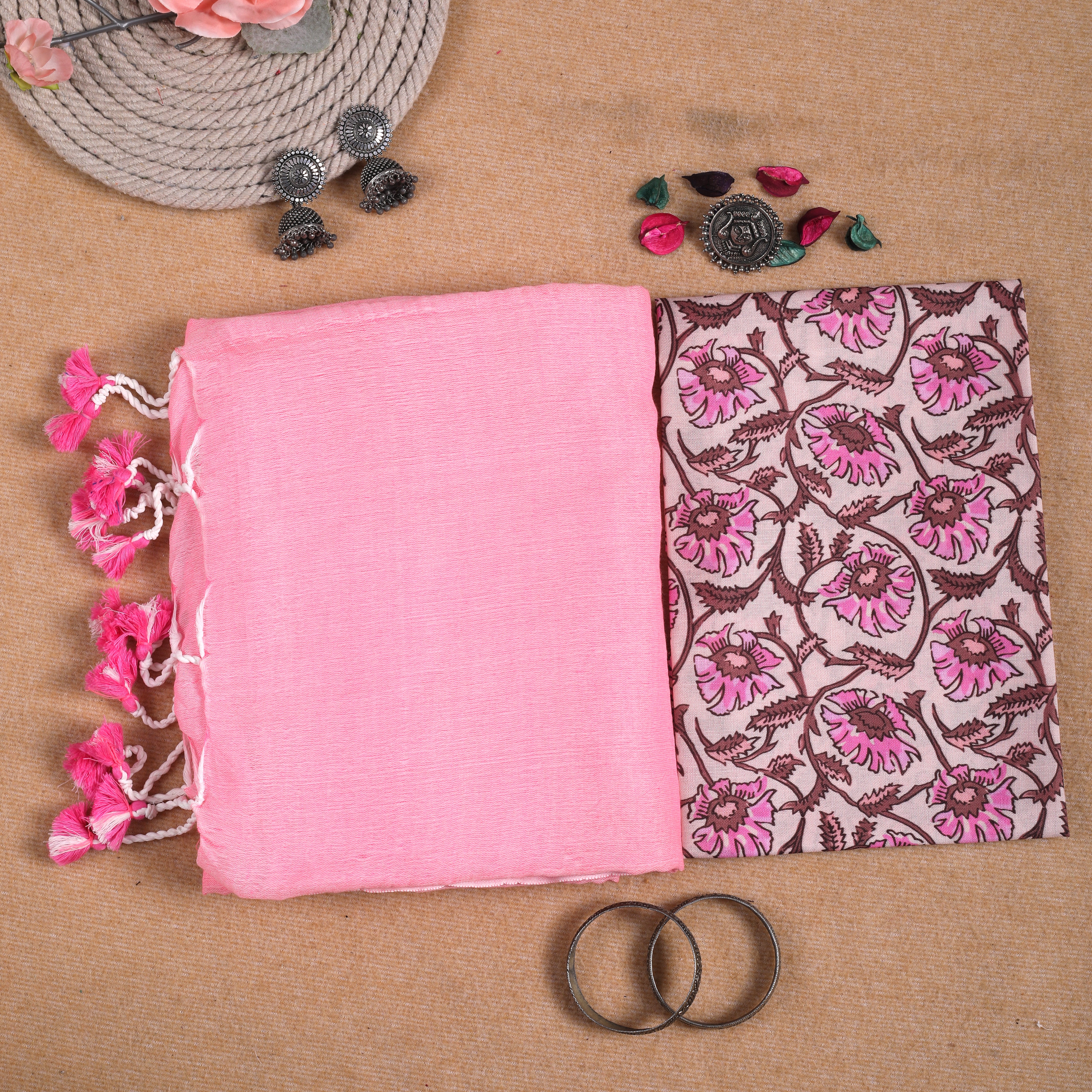 BABYPINK HANDLOOM COTTON SAREE WITH PRINTED BLOUSE