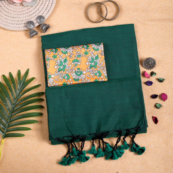 GREEN HANDLOOM COTTON SAREE WITH PRINTED BLOUSE