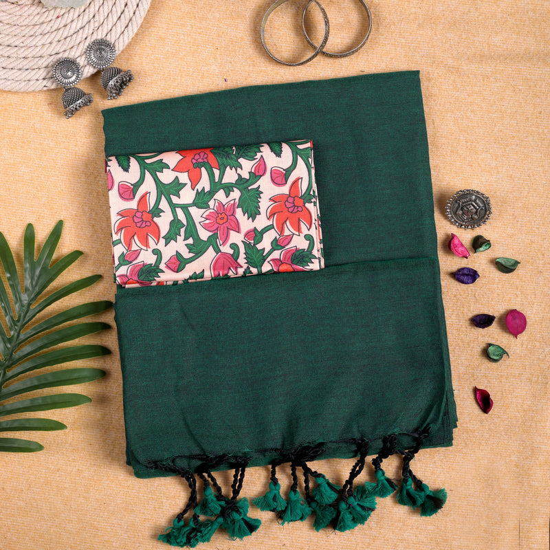 GREEN HANDLOOM COTTON SAREE WITH PRINTED BLOUSE