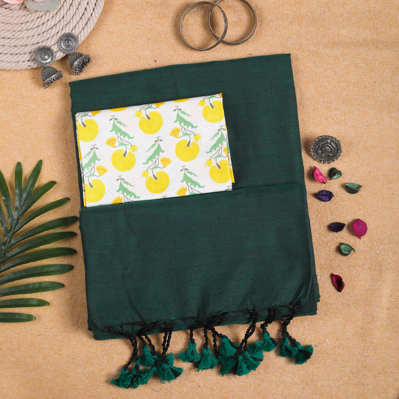 GREEN HANDLOOM COTTON SAREE WITH PRINTED BLOUSE