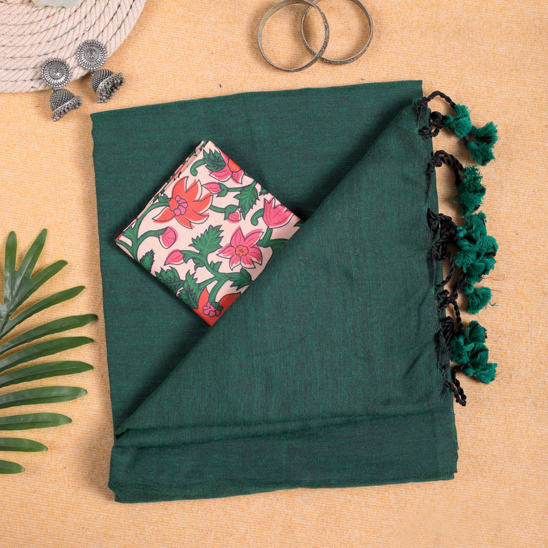 GREEN HANDLOOM COTTON SAREE WITH PRINTED BLOUSE