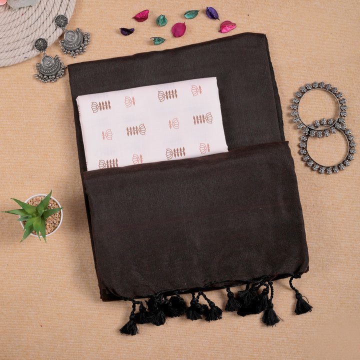 COFFEE HANDLOOM COTTON SAREE WITH PRINTED BLOUSE-Fronlioz