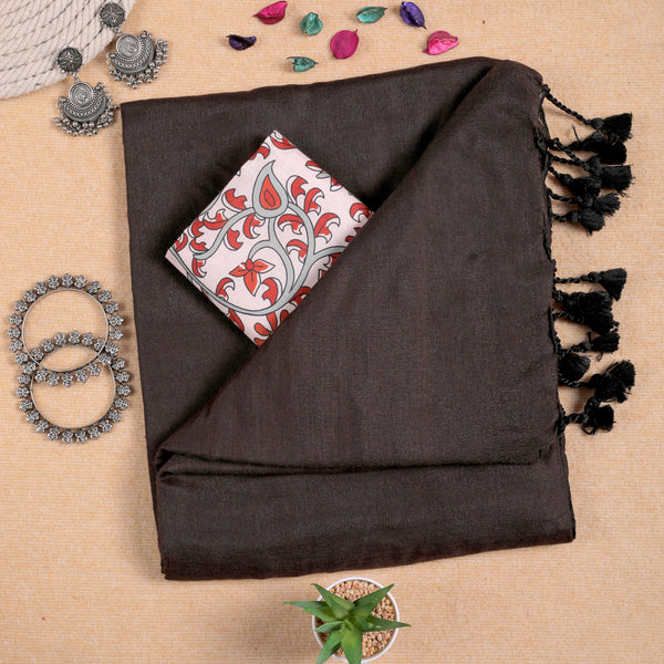 COFFEE HANDLOOM COTTON SAREE WITH PRINTED BLOUSE