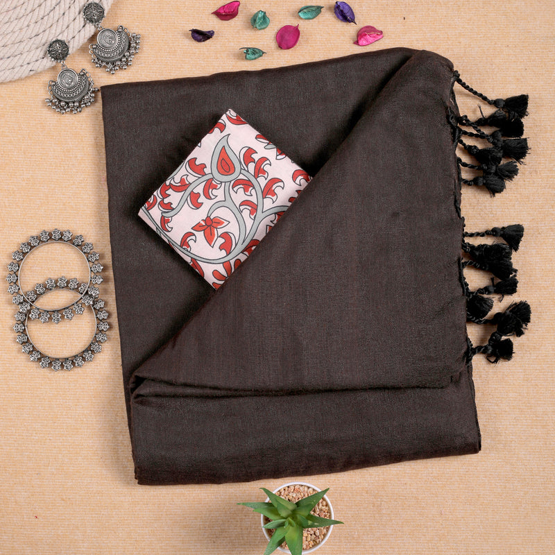 COFFEE HANDLOOM COTTON SAREE WITH PRINTED BLOUSE