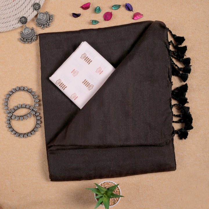 COFFEE HANDLOOM COTTON SAREE WITH PRINTED BLOUSE-Fronlioz