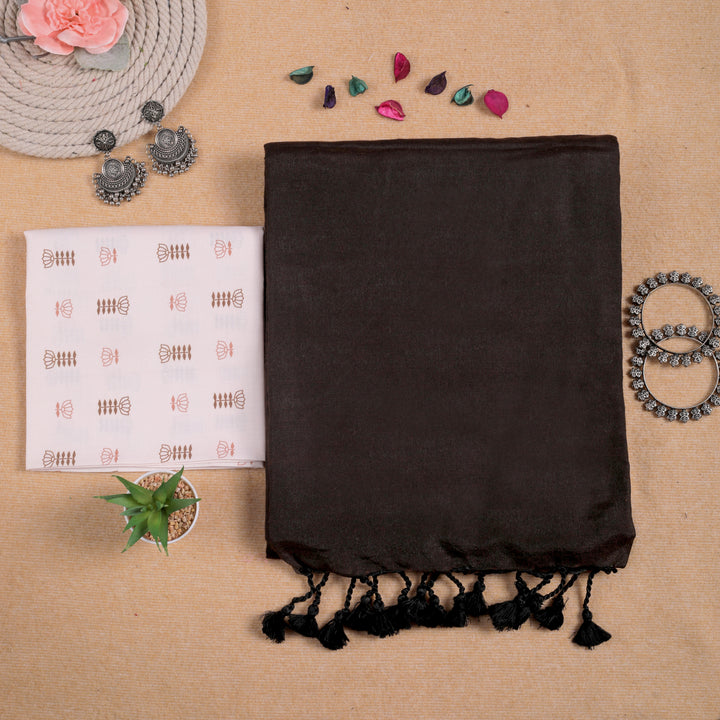 COFFEE HANDLOOM COTTON SAREE WITH PRINTED BLOUSE-Fronlioz