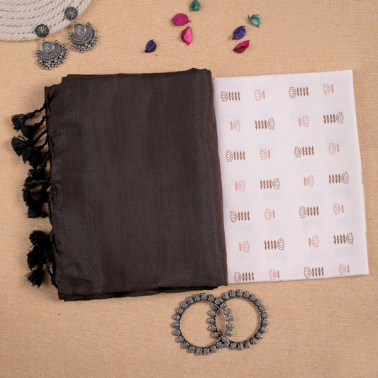 COFFEE HANDLOOM COTTON SAREE WITH PRINTED BLOUSE-Fronlioz