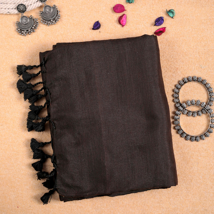 COFFEE HANDLOOM COTTON SAREE WITH PRINTED BLOUSE-Fronlioz