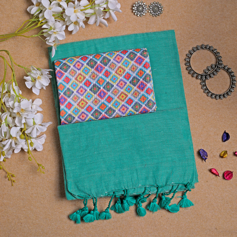 TEAL HANDLOOM COTTON SAREE WITH PRINTED BLOUSE