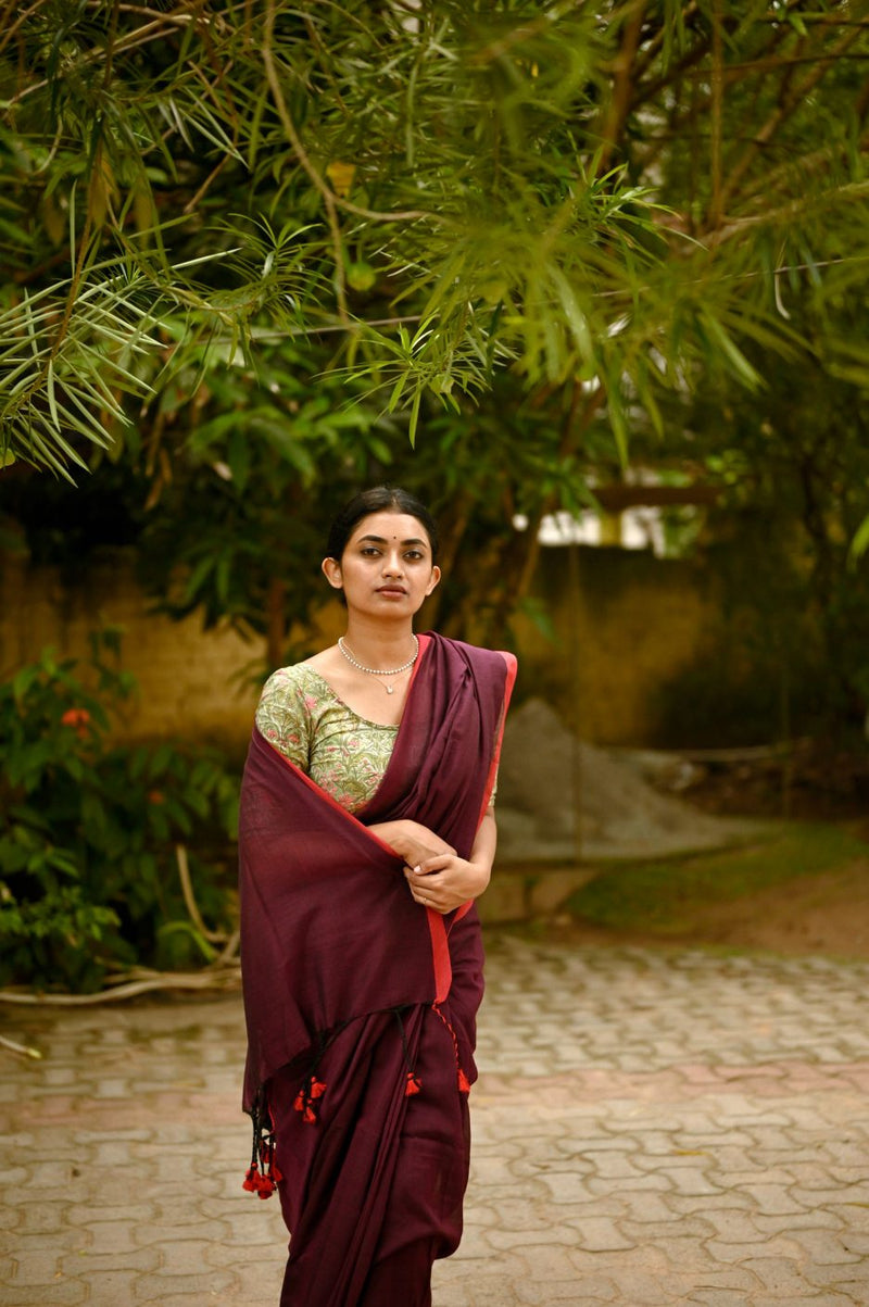 Maroon colour traditional looking chanderi cotton saree