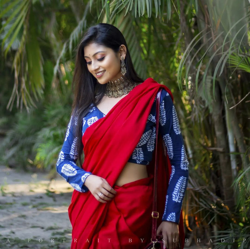 Red Colour Chanderi Saree With Digital Printed Blouse