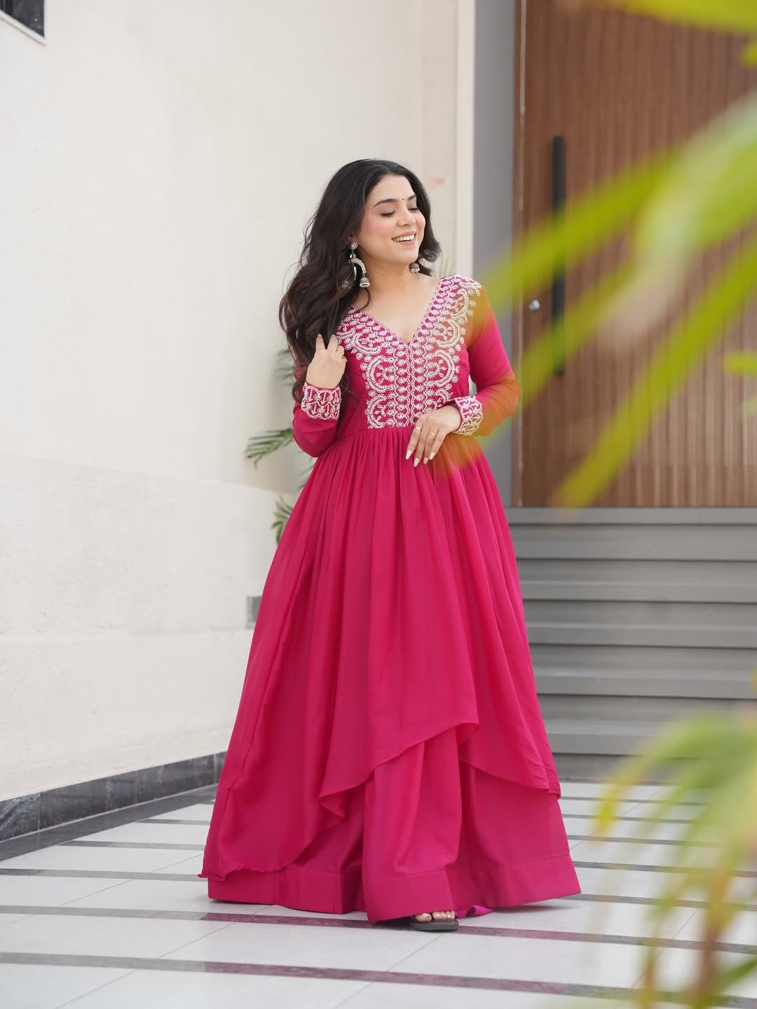 Impressive Pink Thread Embroidered Georgette Gown