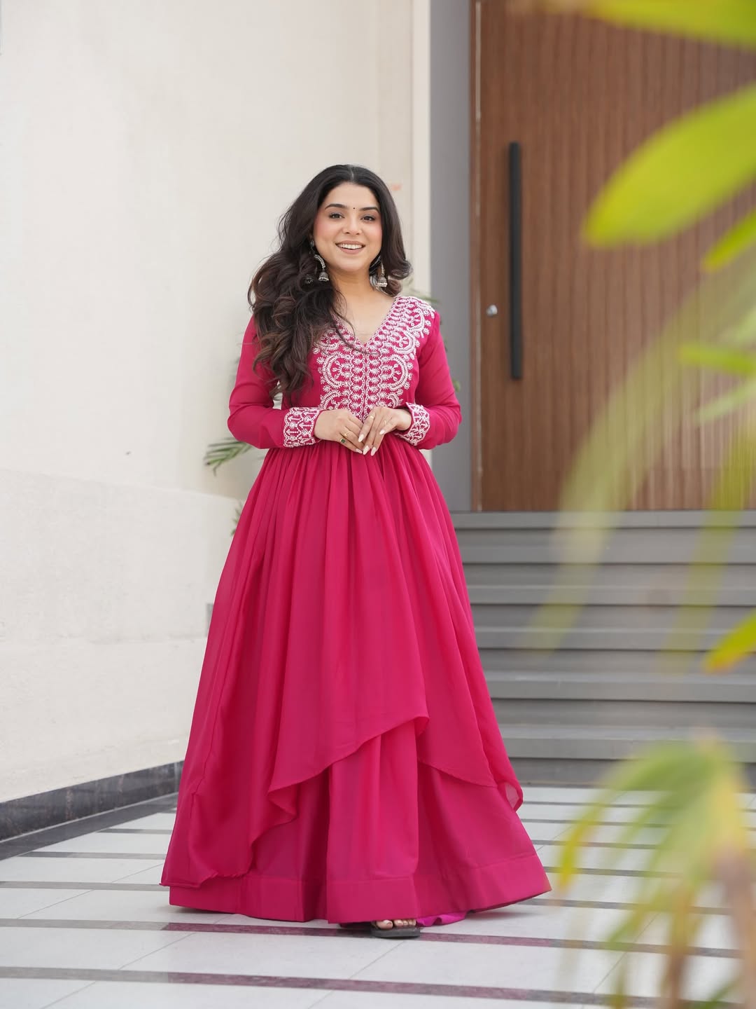 Impressive Pink Thread Embroidered Georgette Gown