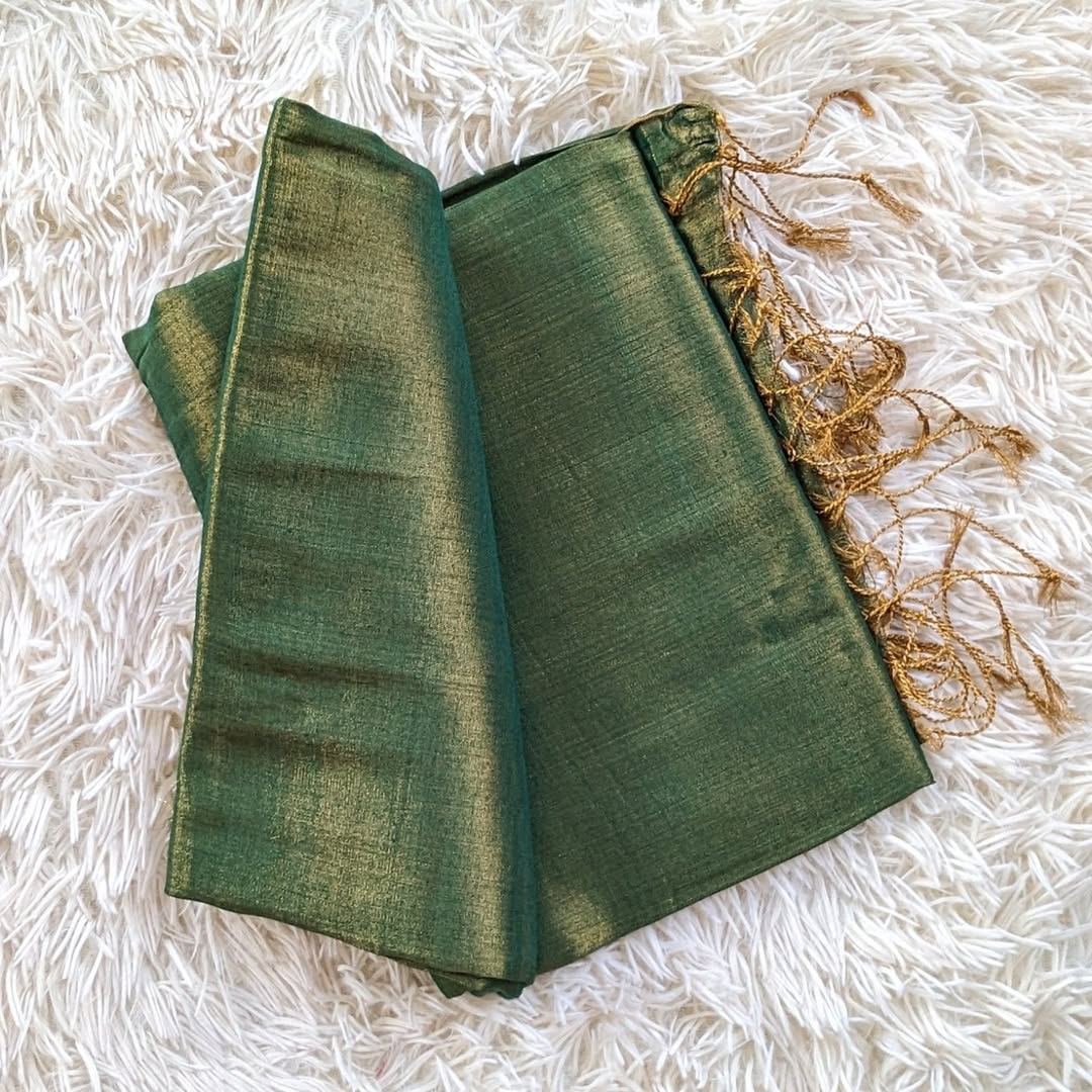 Olive Green Tissue Mul Saree