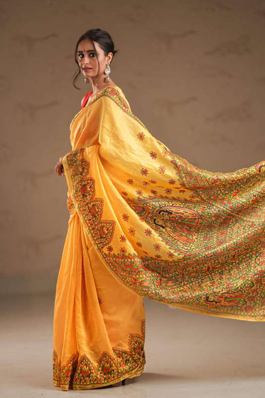 Yellow madhubani hand-painted pure linen saree