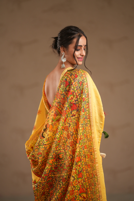 Yellow madhubani hand-painted pure linen saree