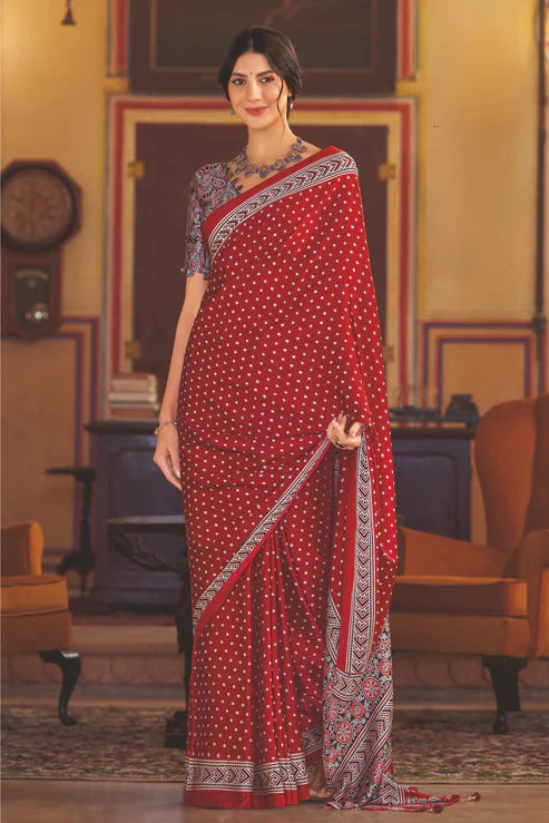 Red Ajrakh Printed Satin Crepe Saree