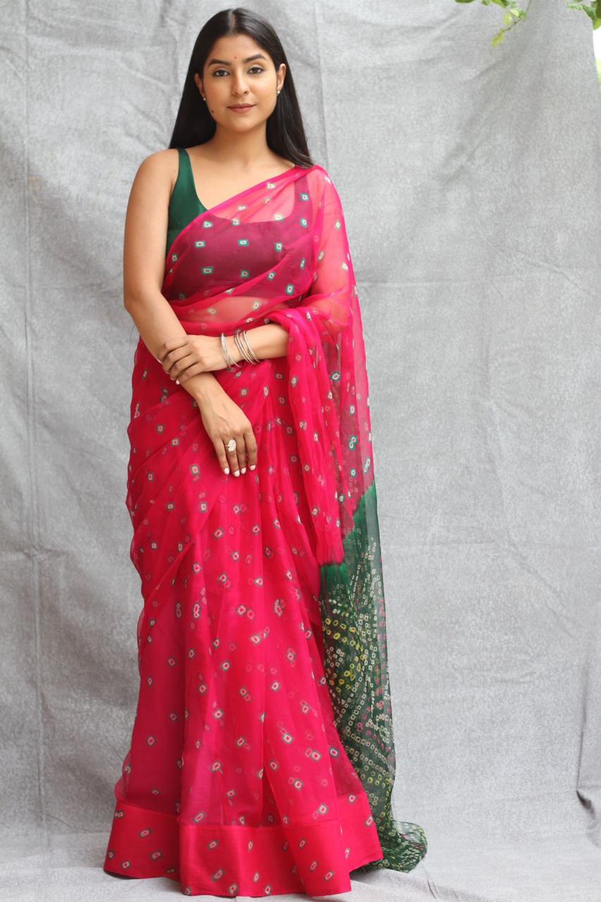 Dark Red Green Georgette Bandhani Saree