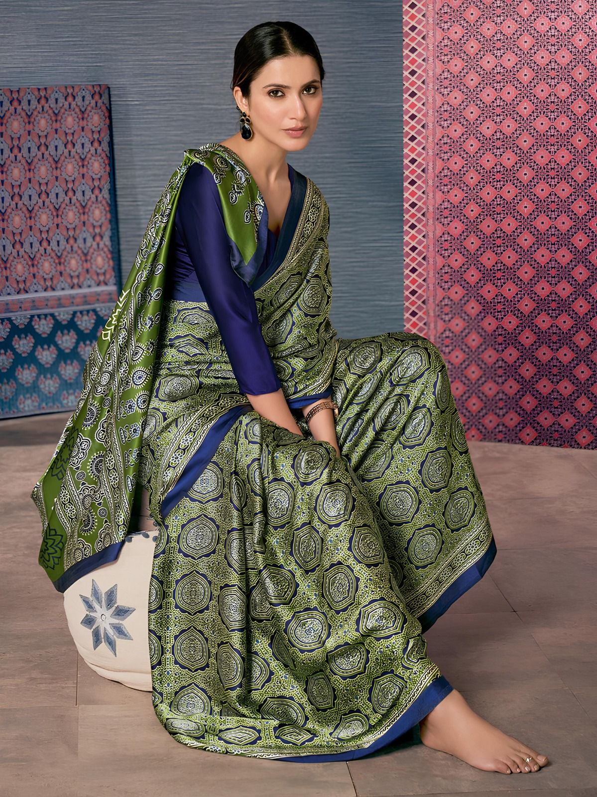 Navy Blue Lightweight Printed Satin Casual Wear Saree