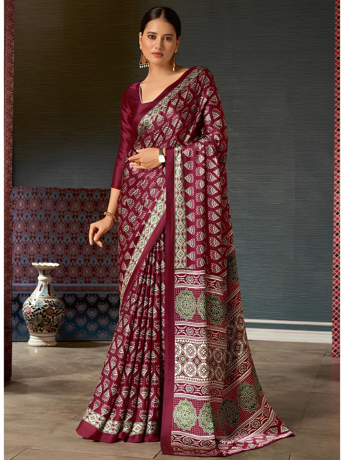 Wine Ajrakh Printed Satin Crepe Saree