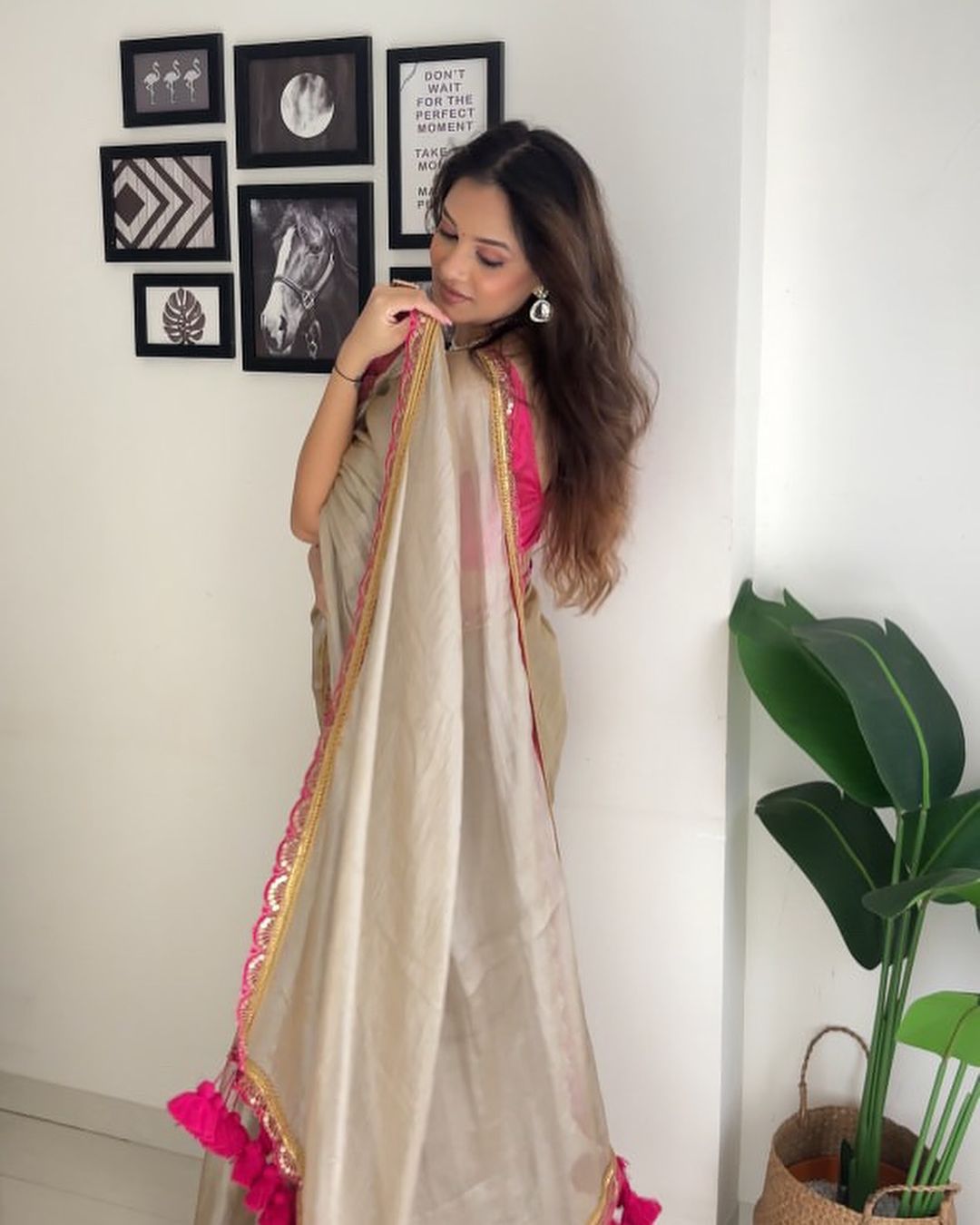 Cream And Wine Pom Pom Handloom Raga Tissue Saree