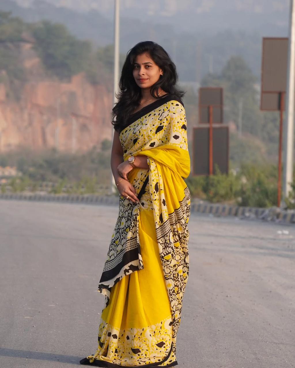 Jaipuri Printed Pure Cotton Mulmul Saree With Blouse