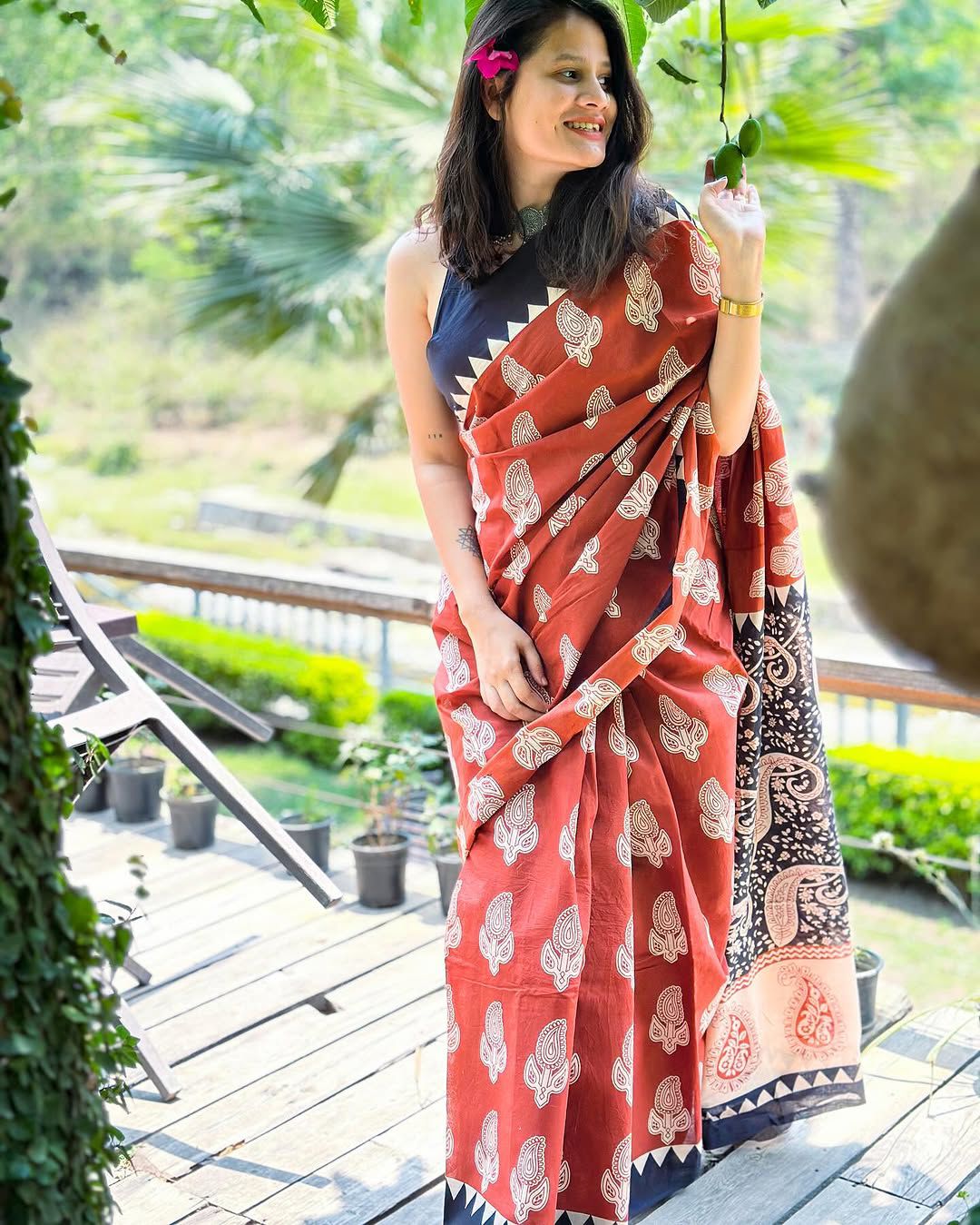 Jaipuri Printed Pure Cotton Mulmul Saree With Blouse