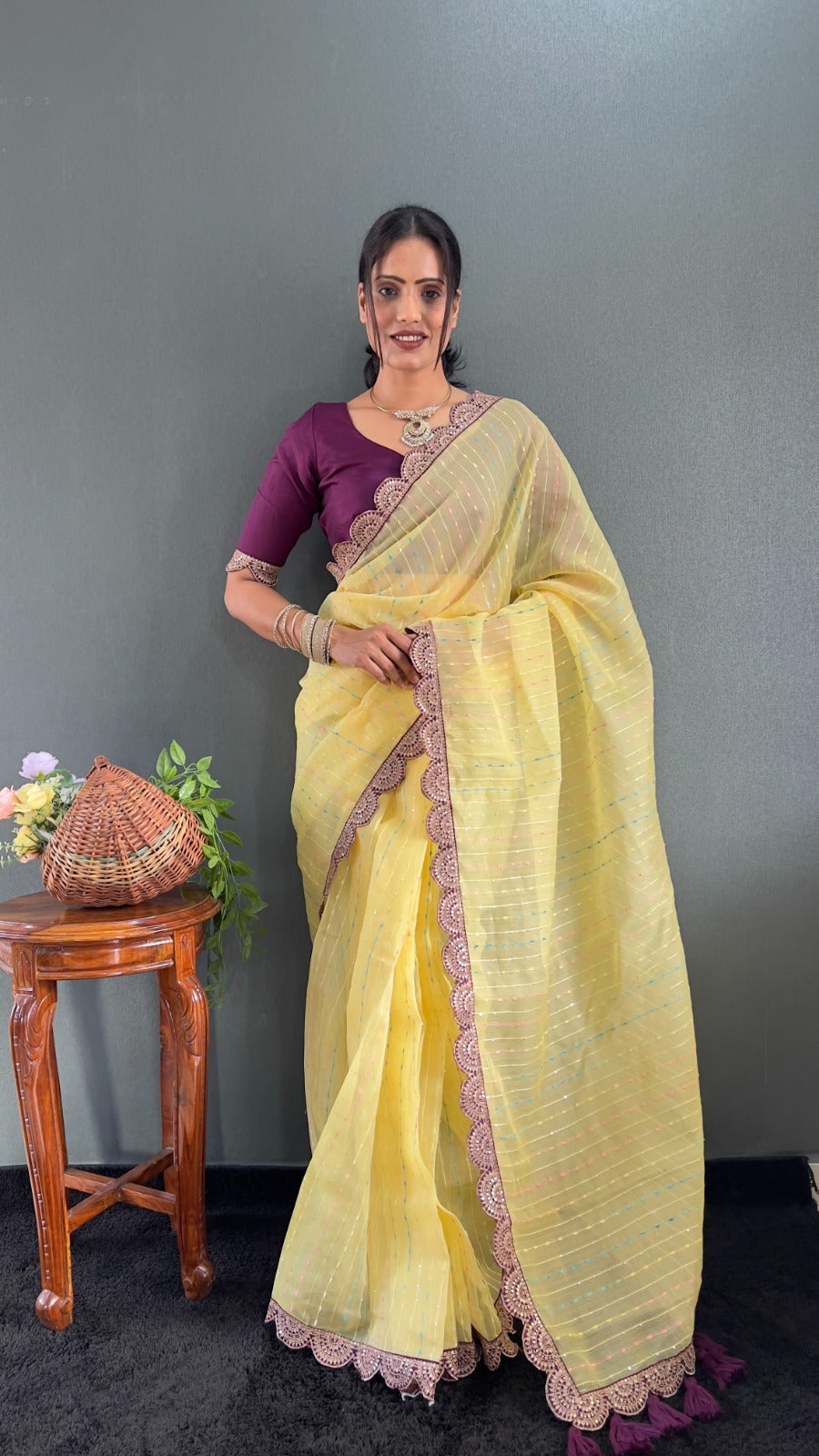 Cream And Wine Pom Pom Handloom Raga Tissue Saree