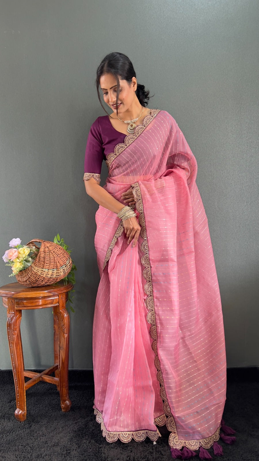 Cream And Wine Pom Pom Handloom Raga Tissue Saree