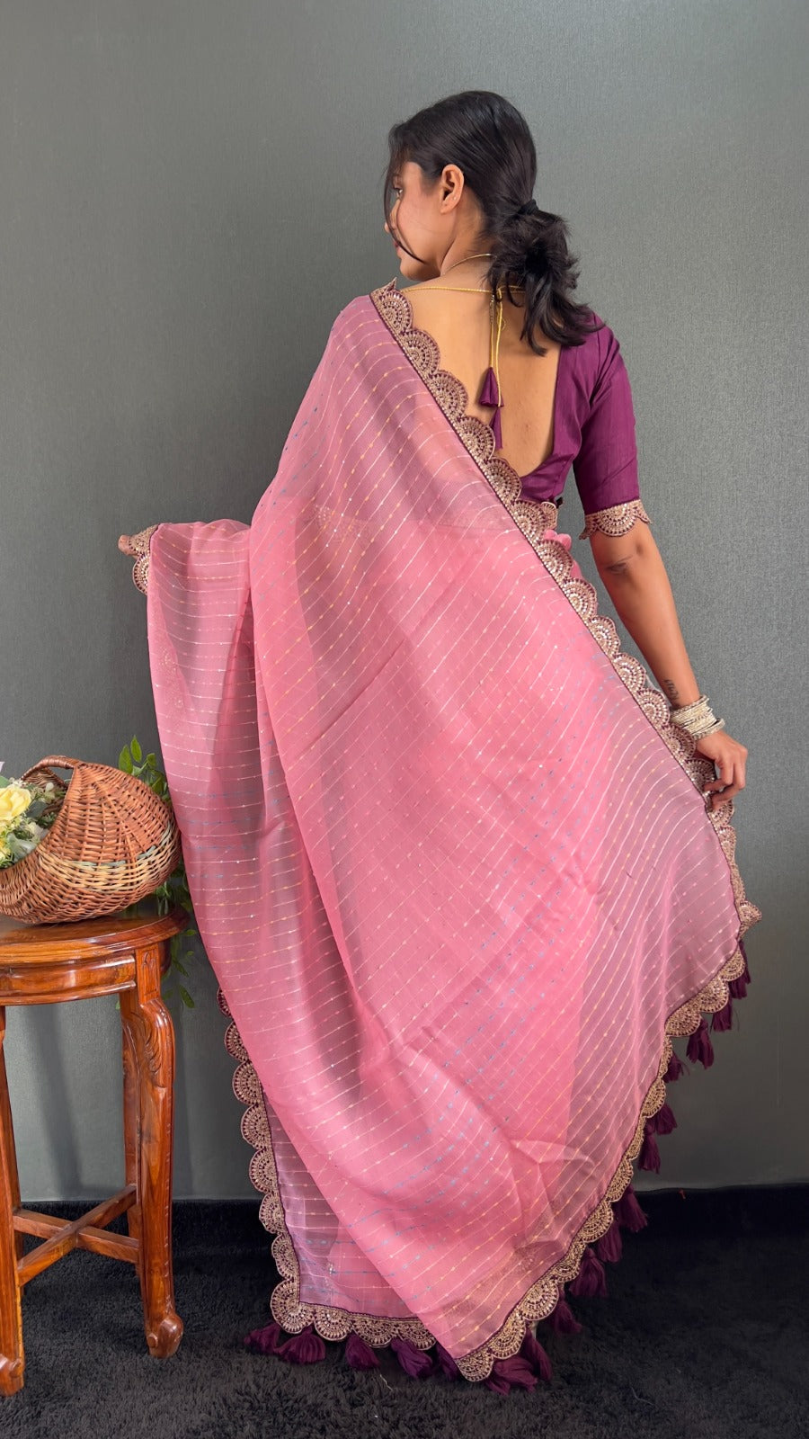 Cream And Wine Pom Pom Handloom Raga Tissue Saree