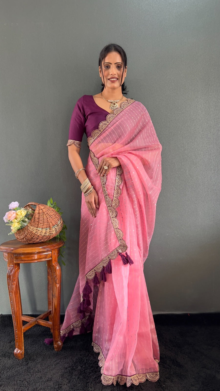 Cream And Wine Pom Pom Handloom Raga Tissue Saree