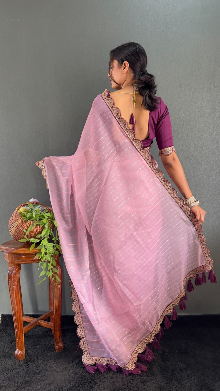 Cream And Wine Pom Pom Handloom Raga Tissue Saree