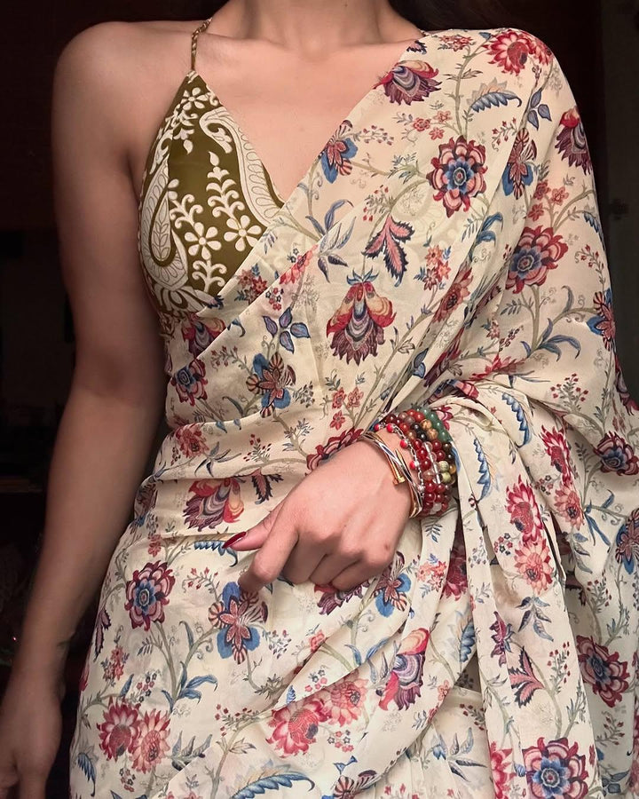 LINEN CREAM PRINTED SAREE-Fronlioz