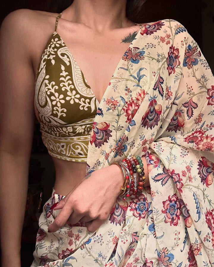 LINEN CREAM PRINTED SAREE-Fronlioz