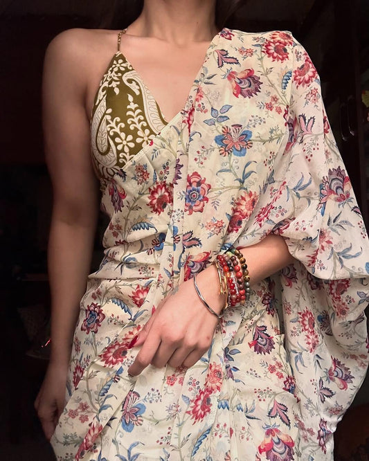 LINEN CREAM PRINTED SAREE-Fronlioz