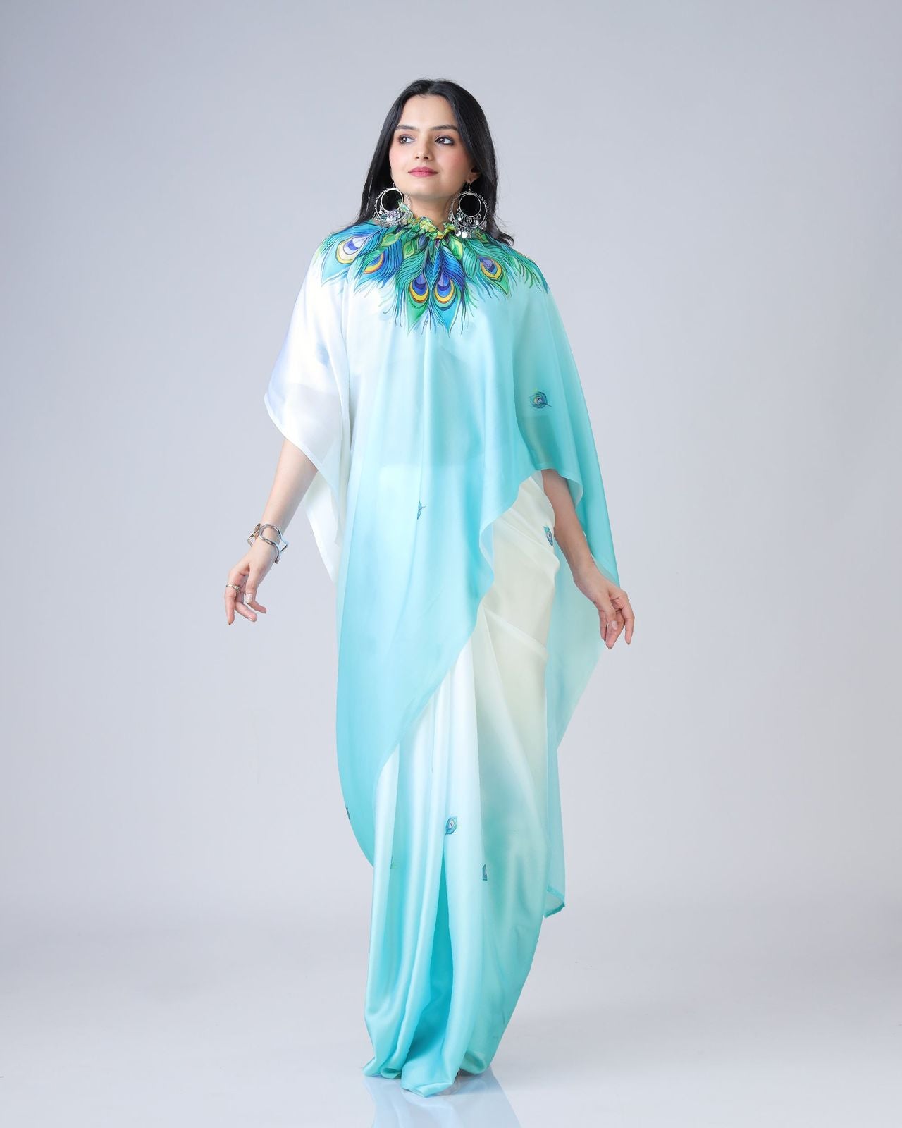Readymade 2 Way Style Floral Print Saree in Georgette Satin with Blouse