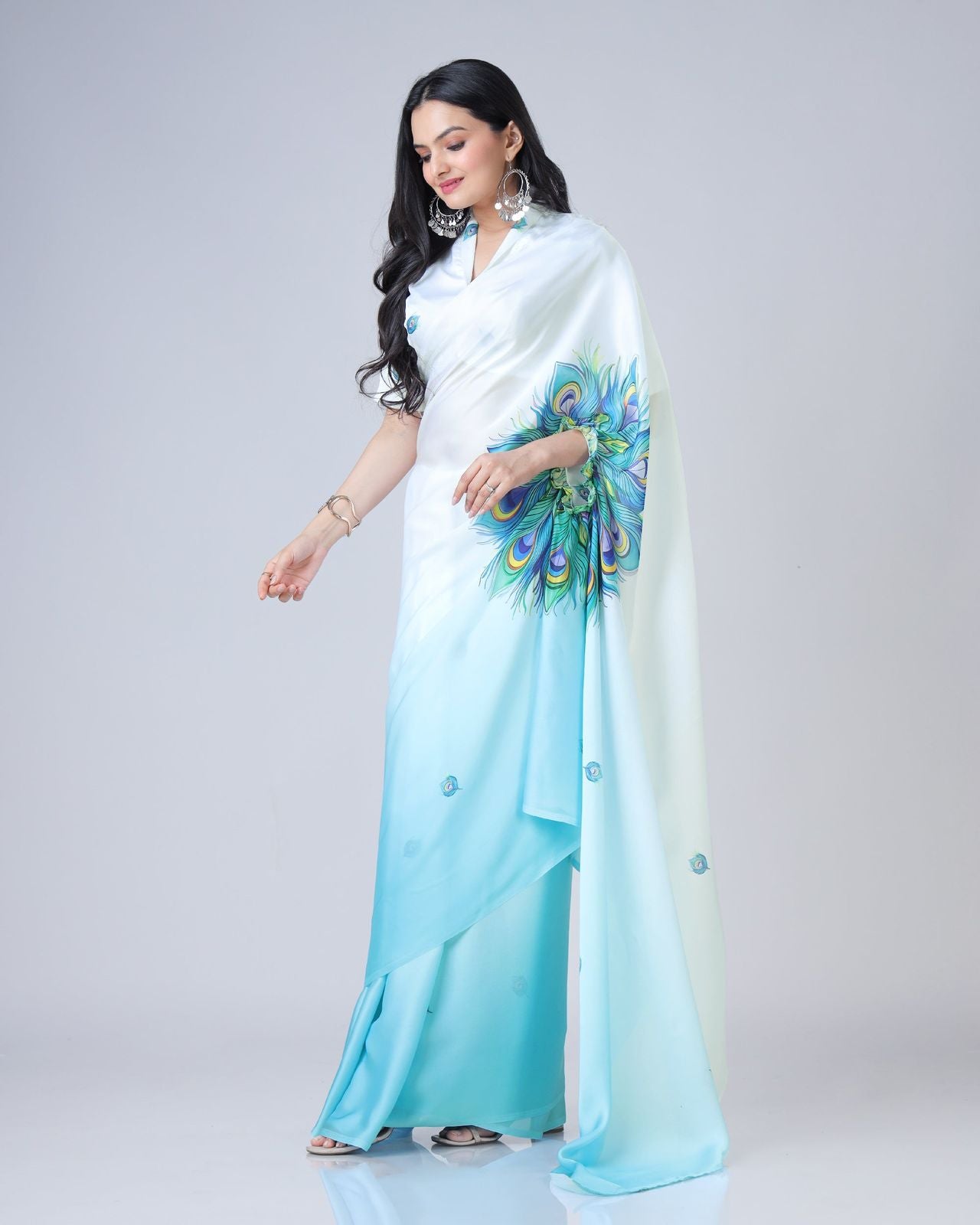 Readymade 2 Way Style Floral Print Saree in Georgette Satin with Blouse