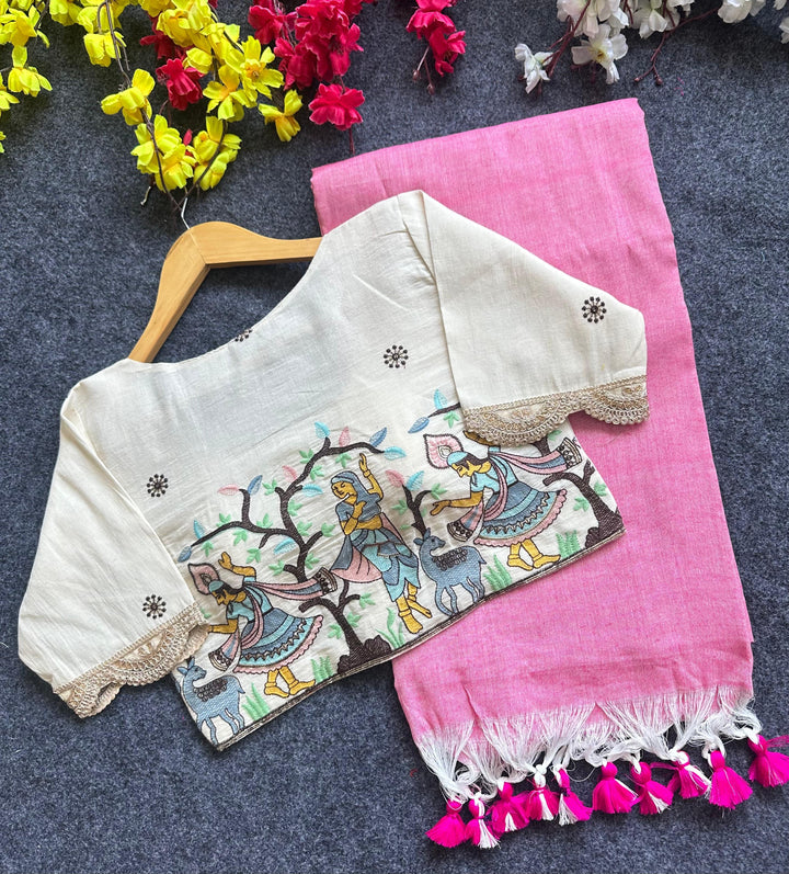 Khadi Cotton Saree And Blouse Combo-Fronlioz