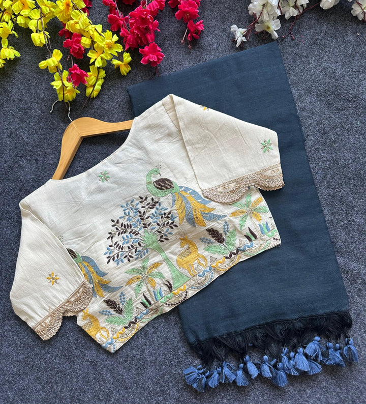 Khadi Cotton Saree And Blouse Combo-Fronlioz