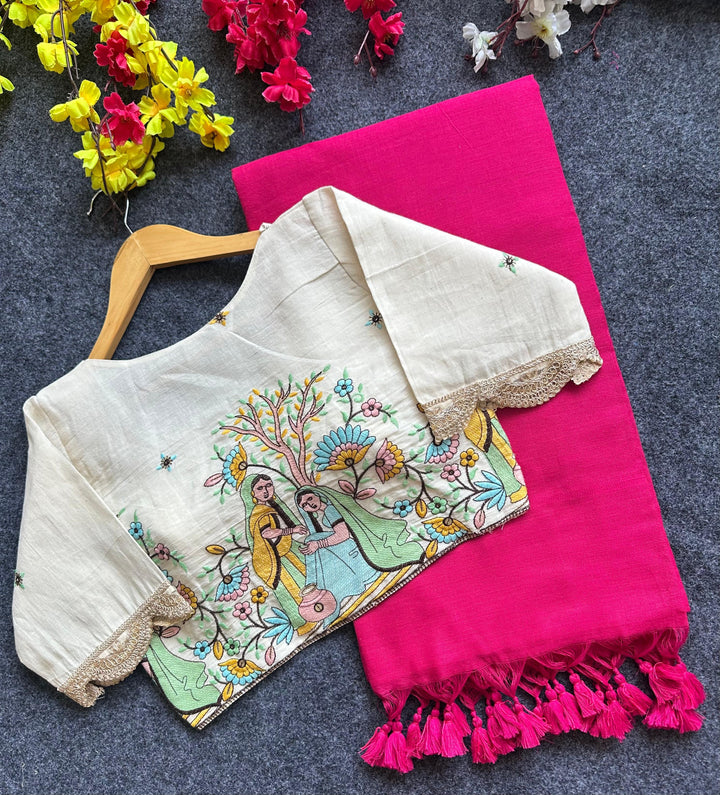 Khadi Cotton Saree And Blouse Combo-Fronlioz