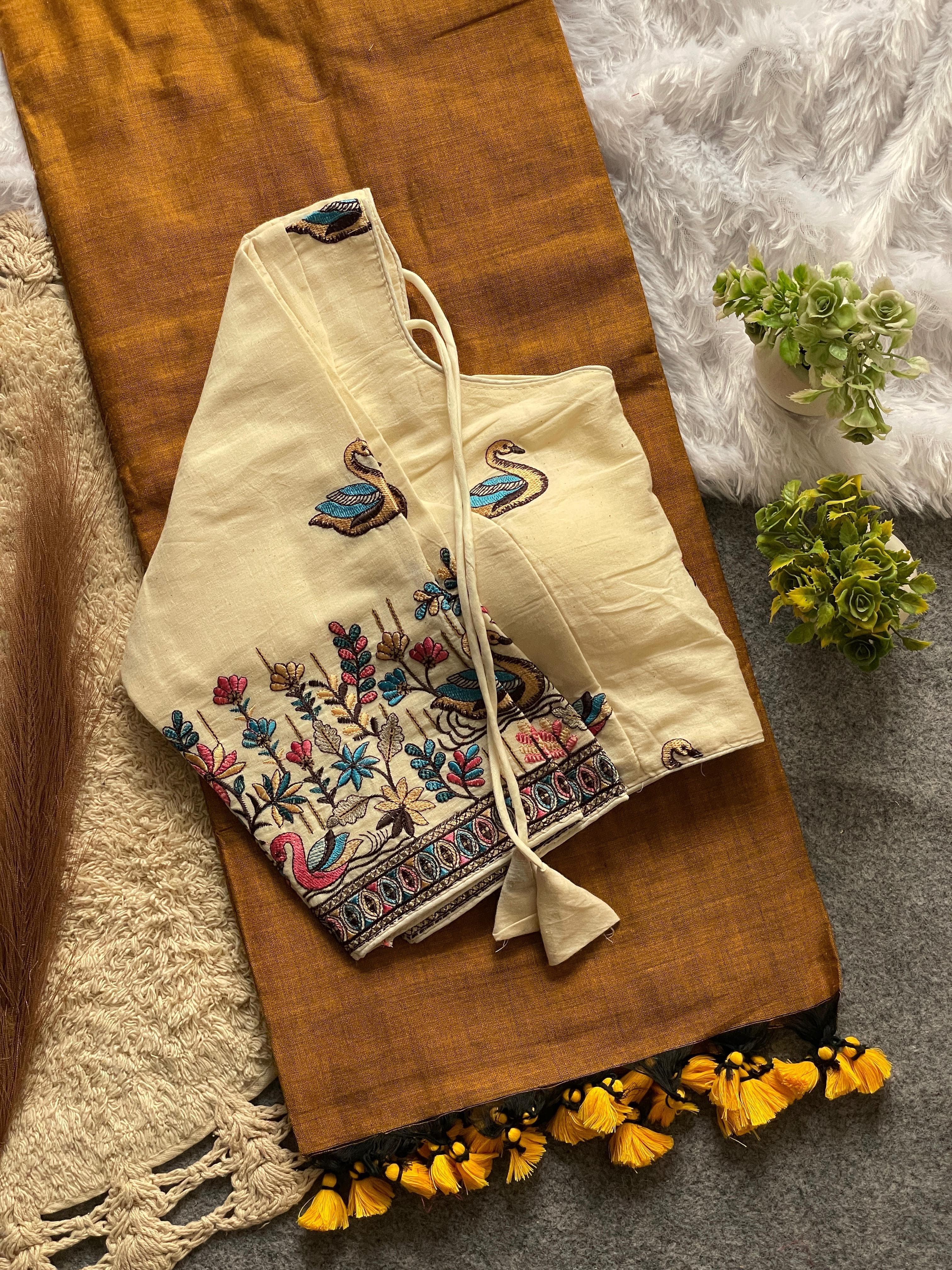 Khadi Cotton Saree And Blouse Combo