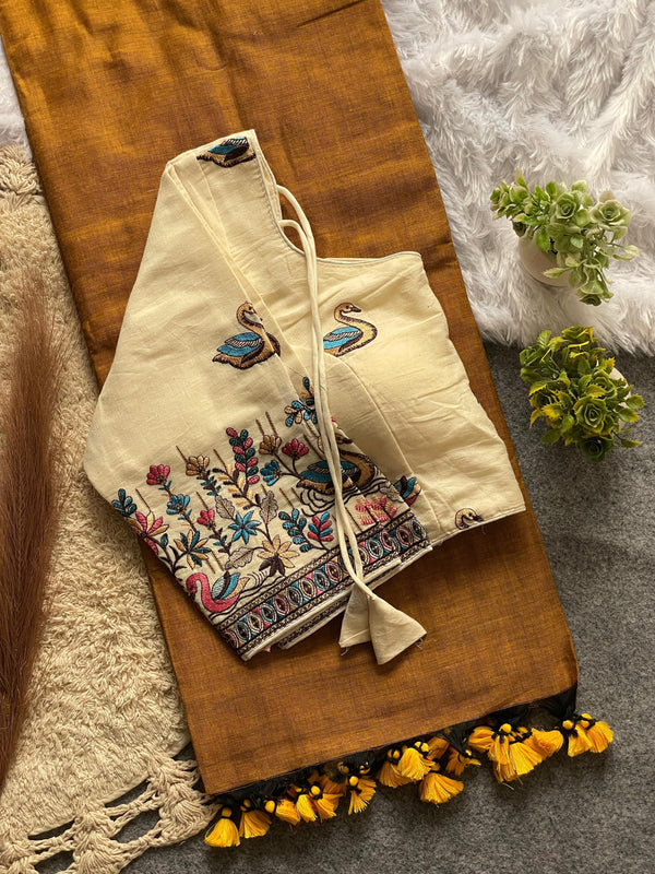 Khadi Cotton Saree And Blouse Combo-Fronlioz