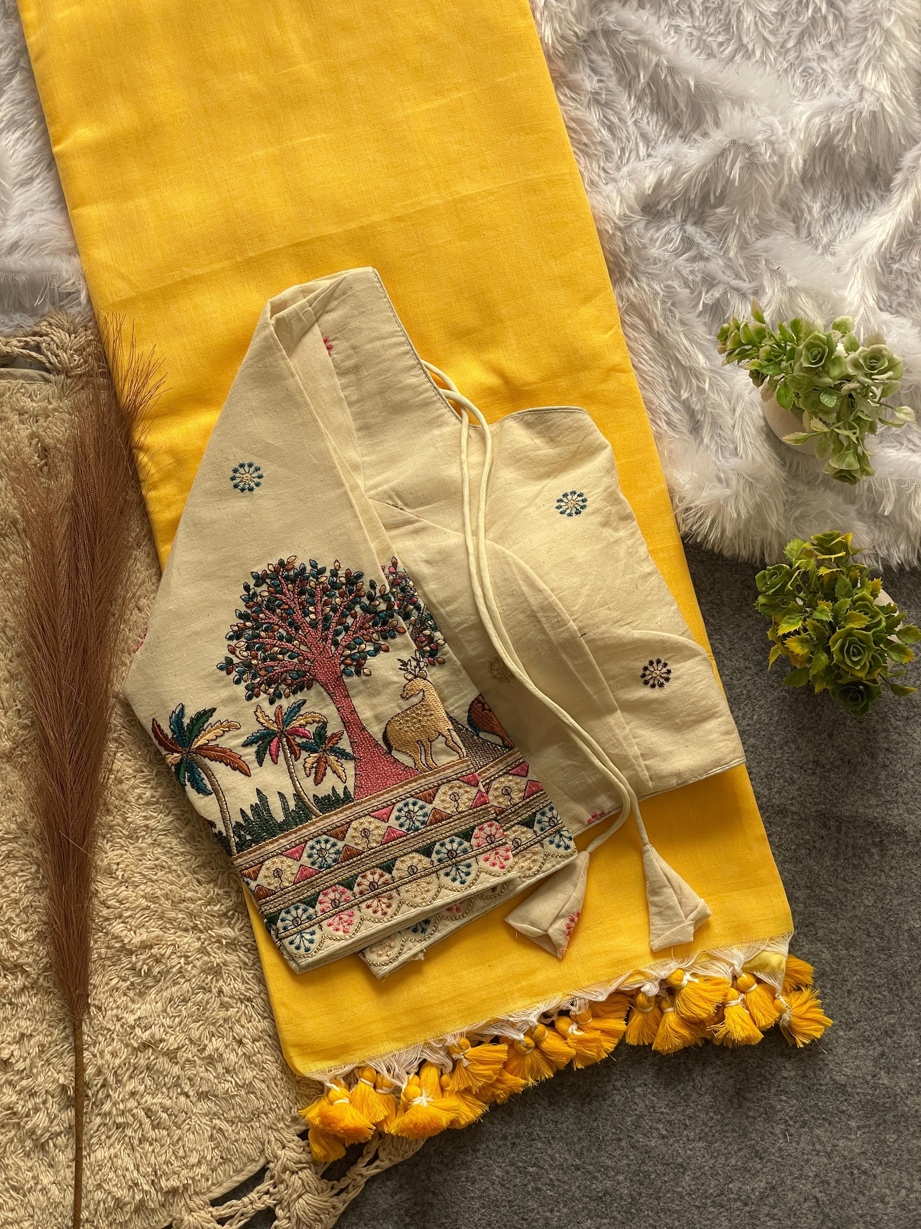 Khadi Cotton Saree And Blouse Combo