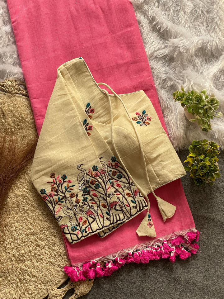 Khadi Cotton Saree And Blouse Combo-Fronlioz