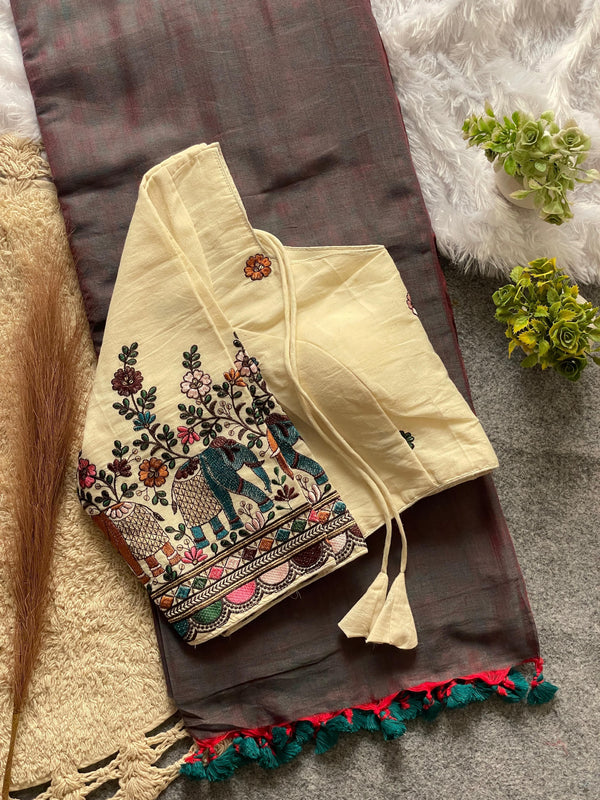 Khadi Cotton Saree And Blouse Combo-Fronlioz