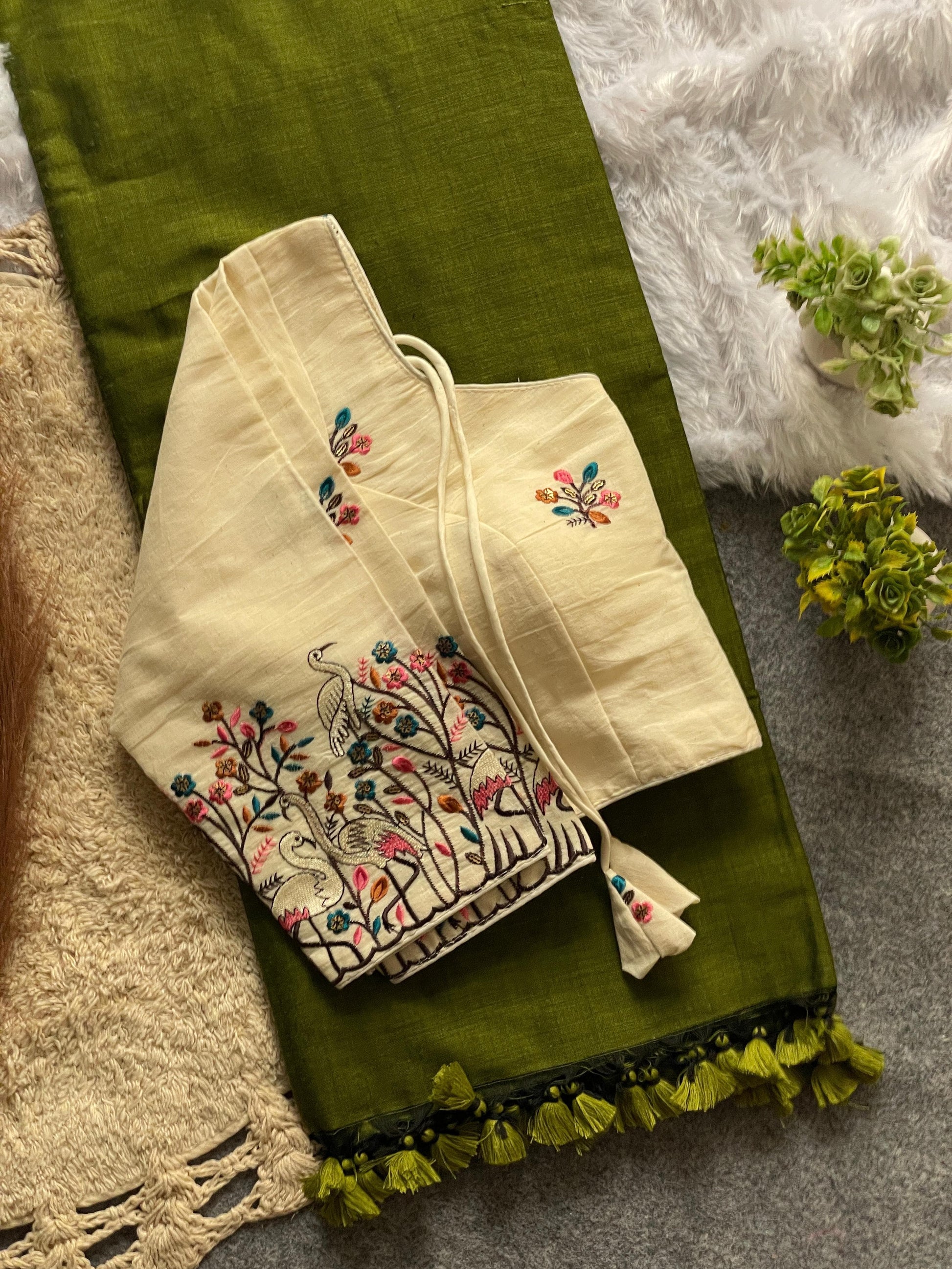 Khadi Cotton Saree And Blouse Combo-Fronlioz