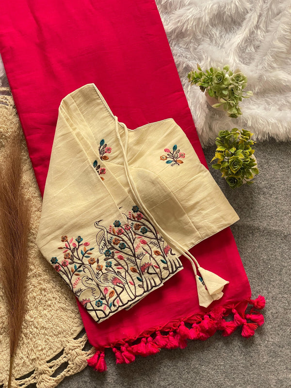 Khadi Cotton Saree And Blouse Combo-Fronlioz
