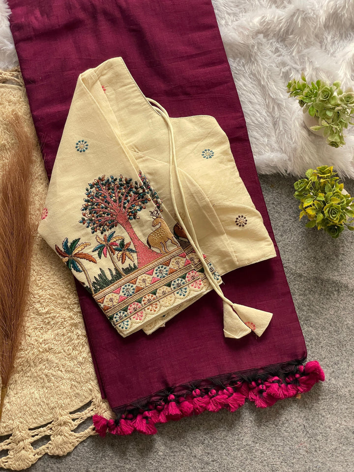 Khadi Cotton Saree And Blouse Combo-Fronlioz