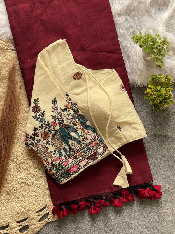 Khadi Cotton Saree And Blouse Combo-Fronlioz